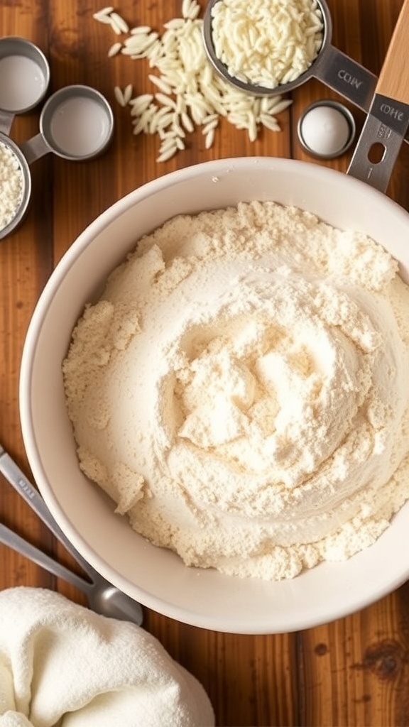 A bowl of gluten-free flour blend with measuring tools on a wooden countertop.